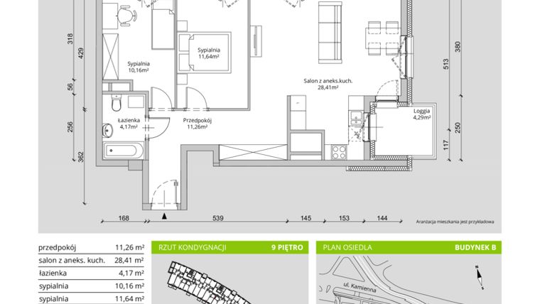 Rzut - Mieszkanie na sprzedaż 3 pokoje o powierzchni 65,64 m² - numer B/K10/9/51 w Kamienna 145