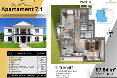 Rzut - Mieszkanie na sprzedaż 3 pokoje o powierzchni 87,5 m² - numer 7.1. w Ogrody Tesoro VI