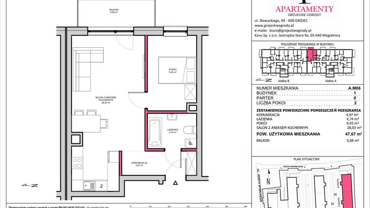 Rzut - Mieszkanie na sprzedaż 2 pokoje o powierzchni 47,67 m² - numer A.06 w Apartamenty Grójeckie Ogrody