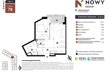 Rzut - Mieszkanie na sprzedaż 2 pokoje o powierzchni 51,47 m² - numer A78 w Nowy Reden