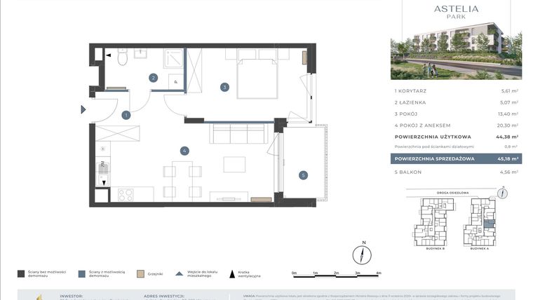 Rzut - Mieszkanie na sprzedaż 2 pokoje o powierzchni 44,38 m² - numer 3.1A.14 w Astelia Park etap 1A i 3