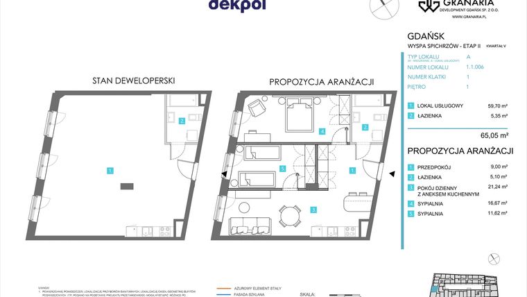 Rzut - Mieszkanie na sprzedaż 1 pokój o powierzchni 65,05 m² - numer 1.1.006 w Granaria
