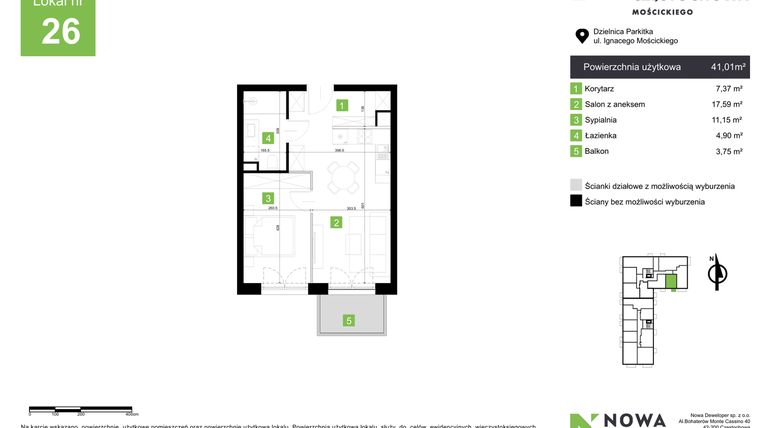 Rzut - Mieszkanie na sprzedaż 2 pokoje o powierzchni 41,01 m² - numer M26 w Nowa Częstochowa Mościckiego