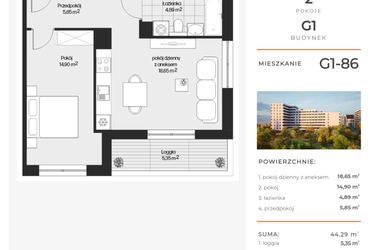 Rzut - Mieszkanie na sprzedaż 2 pokoje o powierzchni 44,29 m² - numer G1-86 w Piasta Park VI
