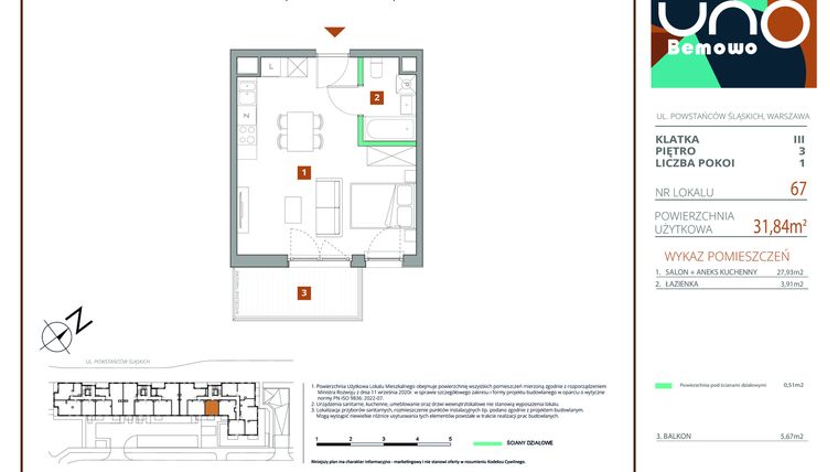 Rzut - Mieszkanie na sprzedaż 1 pokój o powierzchni 31,84 m² - numer 67 w UNO Bemowo
