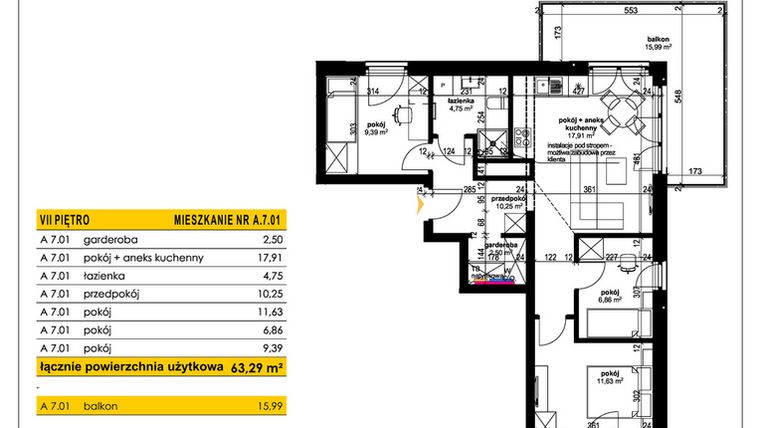 Rzut - Mieszkanie na sprzedaż 4 pokoje o powierzchni 63,29 m² - numer A 7.01 w Park Moniuszki II C
