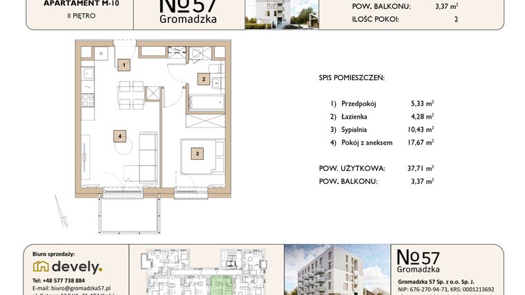 Rzut - Mieszkanie na sprzedaż 2 pokoje o powierzchni 37,71 m² - numer M-10 w Gromadzka 57