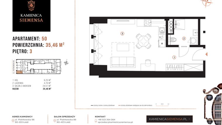 Rzut - Mieszkanie na sprzedaż 1 pokój o powierzchni 35,46 m² - numer 50 w Kamienica Siemensa