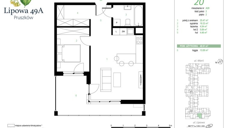 Rzut - Mieszkanie na sprzedaż 2 pokoje o powierzchni 49,91 m² - numer 20A w Lipowa 49A