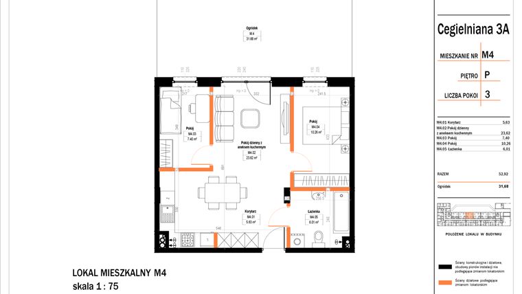 Rzut - Mieszkanie na sprzedaż 3 pokoje o powierzchni 54,1 m² - numer 4 w Osiedle StaLove etap II