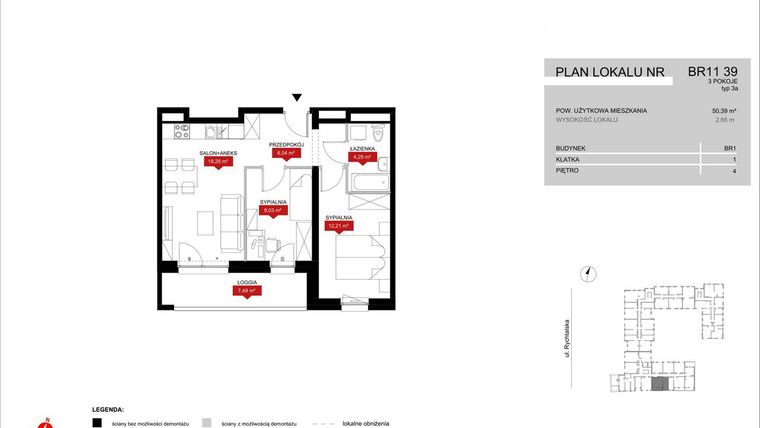 Rzut - Mieszkanie na sprzedaż 3 pokoje o powierzchni 49,85 m² - numer BR11/39 w Browary Wrocławskie 2