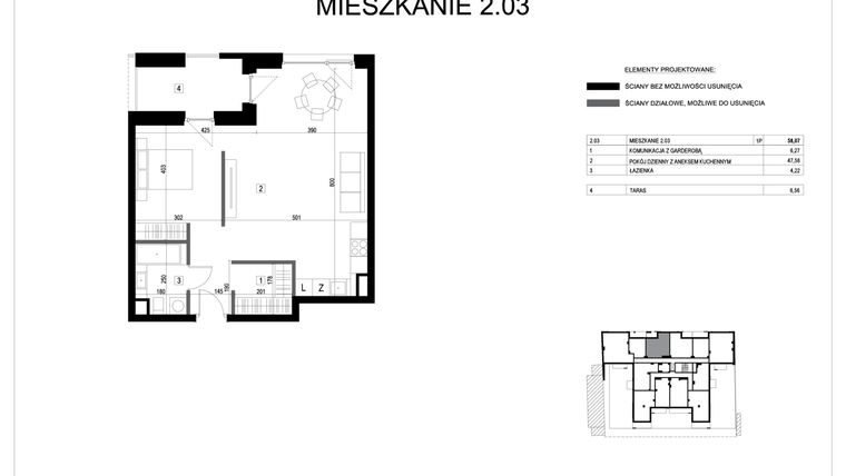 Rzut - Mieszkanie na sprzedaż 1 pokój o powierzchni 58,07 m² - numer M2.03 w Verde Casa