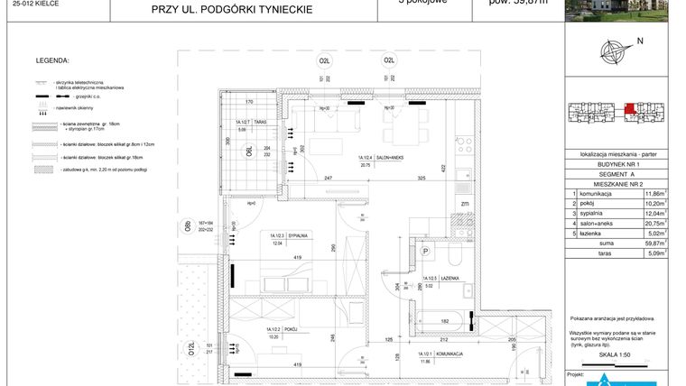 Rzut - Mieszkanie na sprzedaż 3 pokoje o powierzchni 59,87 m² - numer A2 w Podgórki Tynieckie