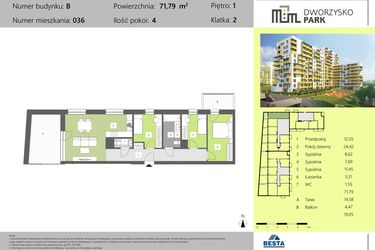 Rzut - Mieszkanie na sprzedaż 4 pokoje o powierzchni 71,79 m² - numer 36 w Dworzysko Park - Etap II