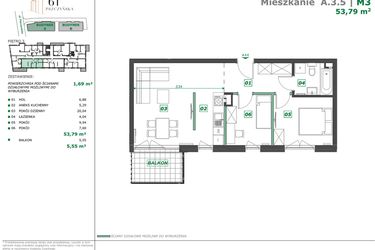 Rzut - Mieszkanie na sprzedaż 3 pokoje o powierzchni 55,43 m² - numer A.3.5 w Apartamenty Pszczyńska