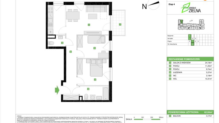 Rzut - Mieszkanie na sprzedaż 3 pokoje o powierzchni 62,93 m² - numer A.8 w Osiedle Zielna IV