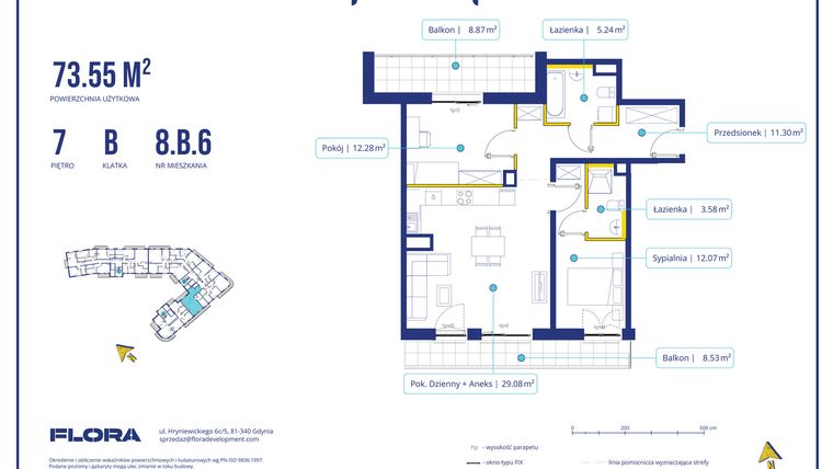 Rzut - Mieszkanie na sprzedaż 3 pokoje o powierzchni 73,55 m² - numer 8.B.6 w Piotra 4