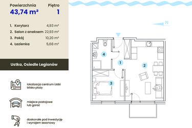 Rzut - Mieszkanie na sprzedaż 2 pokoje o powierzchni 43,74 m² - numer 1.5 w Ustka Flow