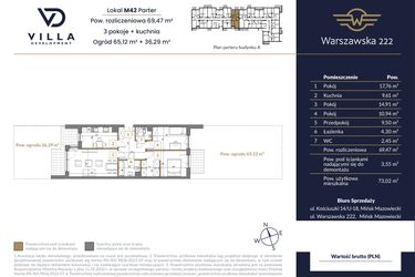 Rzut - Mieszkanie na sprzedaż 3 pokoje o powierzchni 69,47 m² - numer 42A w Warszawska 222