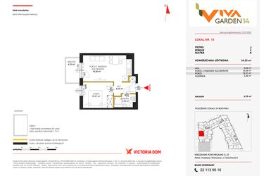 Rzut - Mieszkanie na sprzedaż 2 pokoje o powierzchni 34,33 m² - numer 15 w Viva Garden 14