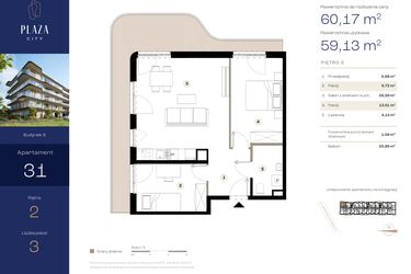 Rzut - Mieszkanie na sprzedaż 3 pokoje o powierzchni 60,17 m² - numer B6M31 w Plaza City