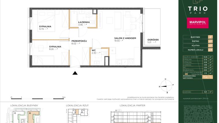 Rzut - Mieszkanie na sprzedaż 3 pokoje o powierzchni 53,61 m² - numer B078 w Trio Park