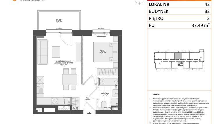 Rzut - Mieszkanie na sprzedaż 2 pokoje o powierzchni 37,49 m² - numer B2.42 w Osiedle Przy Błoniach 3 etap III