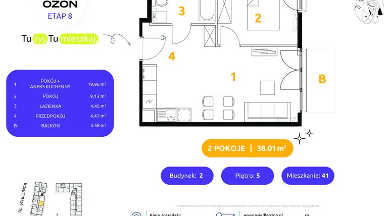 Rzut - Mieszkanie na sprzedaż 2 pokoje o powierzchni 38,01 m² - numer 2.41 w Osiedle Ozon etap VIII