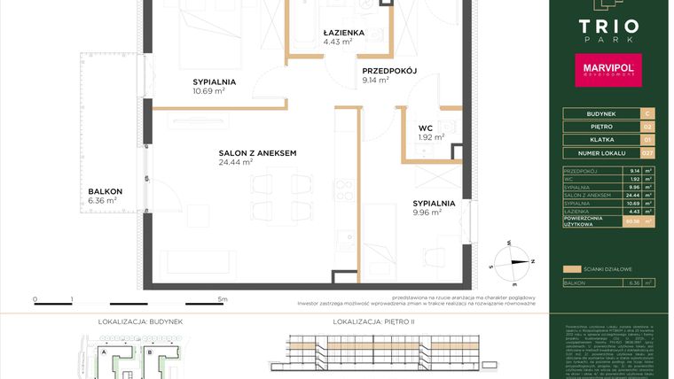 Rzut - Mieszkanie na sprzedaż 3 pokoje o powierzchni 60,58 m² - numer C027 w Trio Park bud. C