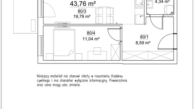 Rzut - Mieszkanie na sprzedaż 2 pokoje o powierzchni 43,76 m² - numer 5A/80 w FORTnatura etap II