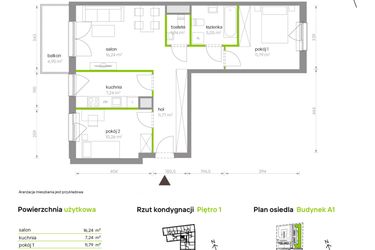Rzut - Mieszkanie na sprzedaż 3 pokoje o powierzchni 64,29 m² - numer A1.1D96 w Bemowo Vita