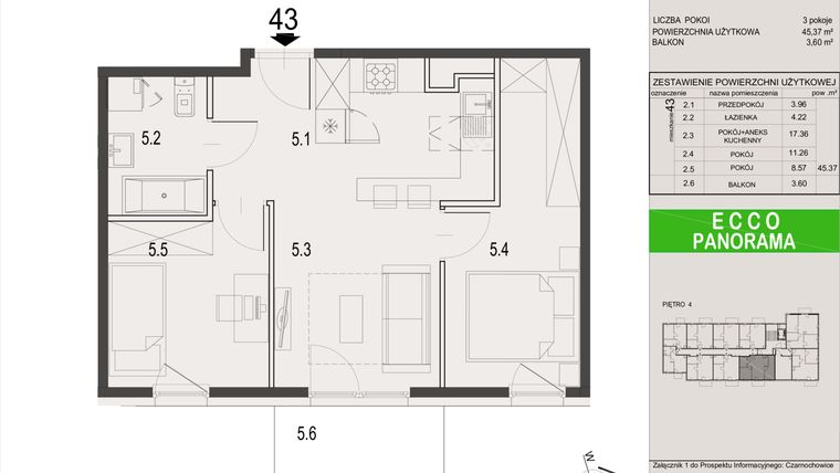 Rzut - Mieszkanie na sprzedaż 3 pokoje o powierzchni 45,37 m² - numer 43.A w Ecco Panorama etap I budynki A, B