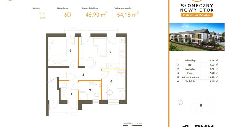 Rzut - Mieszkanie na sprzedaż 3 pokoje o powierzchni 46,9 m² - numer 6D w Słoneczny Nowy Otok - Malownicza Południe etap III