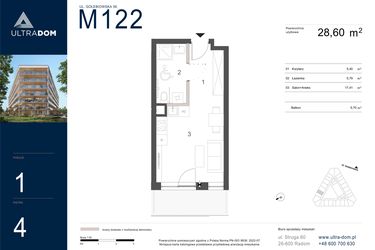 Rzut - Mieszkanie na sprzedaż 1 pokój o powierzchni 28,6 m² - numer M122 w Ultradom