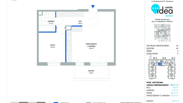 Rzut - Mieszkanie na sprzedaż 2 pokoje o powierzchni 48,67 m² - numer 46.4A w Osiedle Idea Aurora