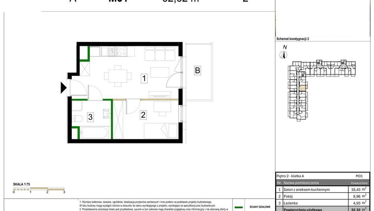 Rzut - Mieszkanie na sprzedaż 2 pokoje o powierzchni 32,32 m² - numer M31 w Zagórskie Tarasy