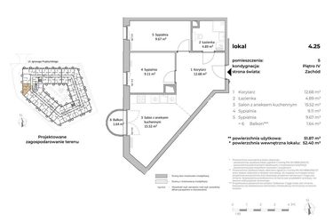 Rzut - Mieszkanie na sprzedaż 3 pokoje o powierzchni 52,56 m² - numer 4.25 w OVAL SKY
