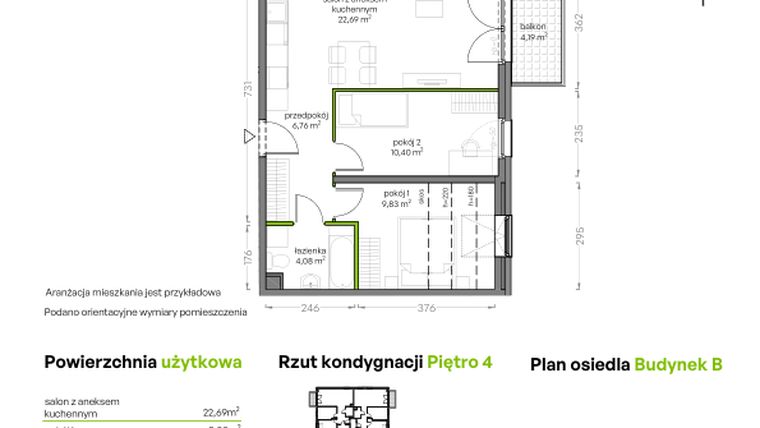 Rzut - Mieszkanie na sprzedaż 3 pokoje o powierzchni 53,76 m² - numer B/4/54 w Niepołomicka Vita