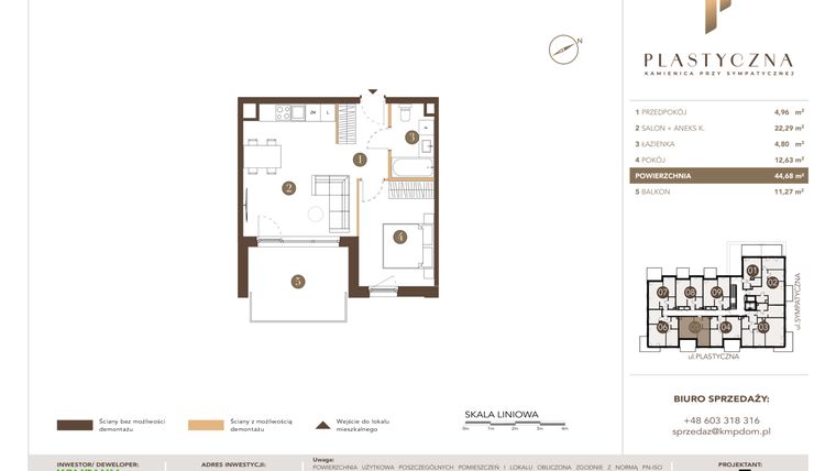 Rzut - Mieszkanie na sprzedaż 2 pokoje o powierzchni 44,68 m² - numer PK-LM-05 w Plastyczna Kamienica przy Sympatycznej
