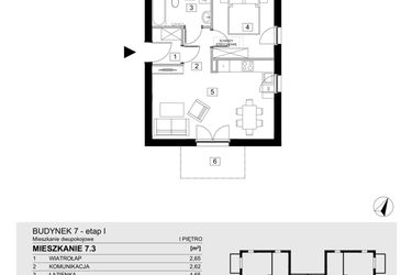 Rzut - Mieszkanie na sprzedaż 2 pokoje o powierzchni 43,55 m² - numer 7.3 w Jasieny