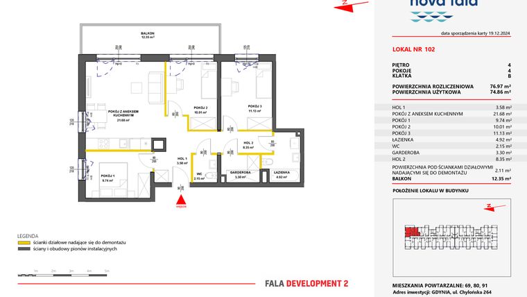 Rzut - Mieszkanie na sprzedaż 4 pokoje o powierzchni 77,27 m² - numer 102 w Miasteczko Nova Fala