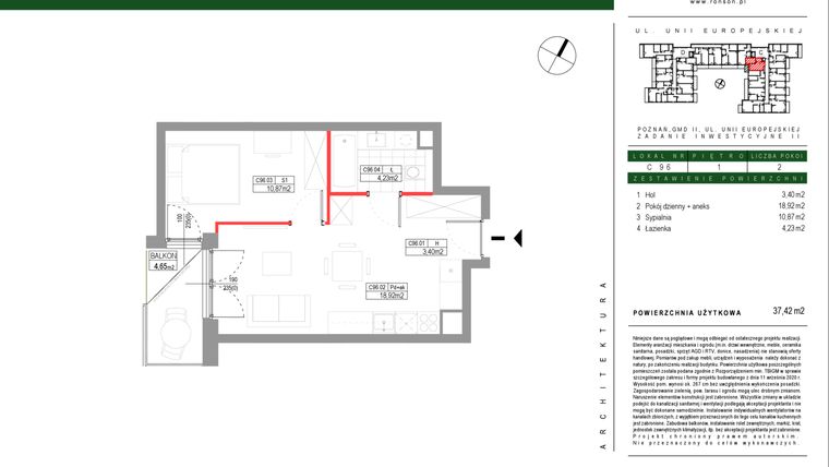Rzut - Mieszkanie na sprzedaż 2 pokoje o powierzchni 37,42 m² - numer C096 w Grunwald Między Drzewami etap III
