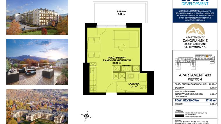 Rzut - Mieszkanie na sprzedaż 1 pokój o powierzchni 27,96 m² - numer 433 w Apartamenty Zakopiańskie