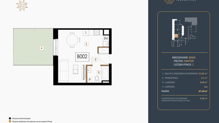 Rzut - Mieszkanie na sprzedaż 1 pokój o powierzchni 27,4 m² - numer B.002 w Rezydencja Śródmiejska