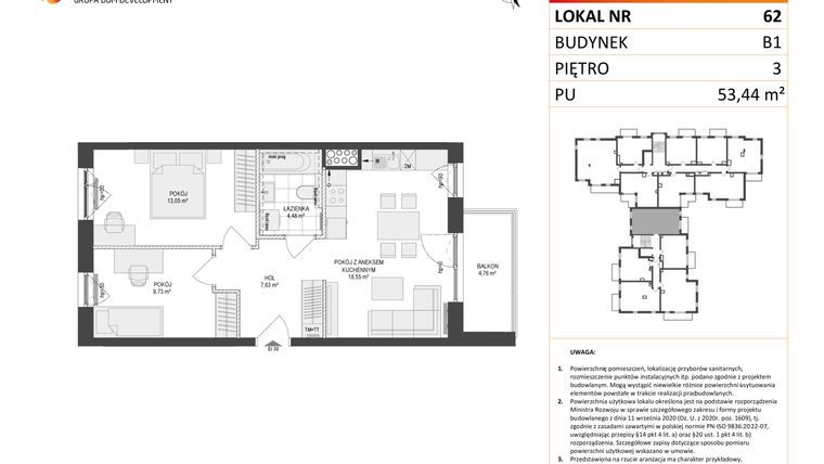 Rzut - Mieszkanie na sprzedaż 3 pokoje o powierzchni 53,44 m² - numer 62 w Locus 2