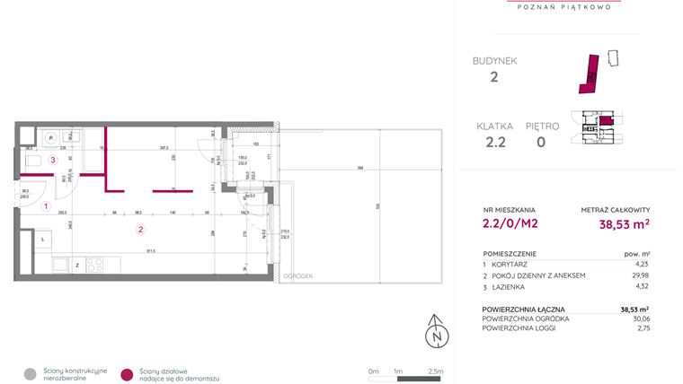 Rzut - Mieszkanie na sprzedaż 2 pokoje o powierzchni 38,53 m² - numer 2.2/0/M2 w Lechicka 65