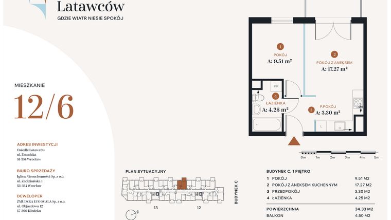 Rzut - Mieszkanie na sprzedaż 2 pokoje o powierzchni 34,33 m² - numer C12-6 w Osiedle Latawców