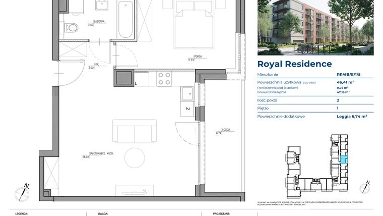 Rzut - Mieszkanie na sprzedaż 2 pokoje o powierzchni 46,48 m² - numer RR/6B/E/1/5 w Royal Residence 6B