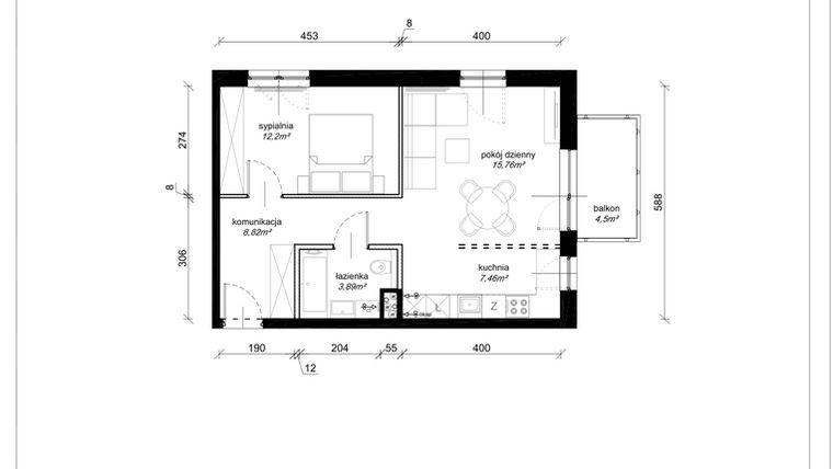 Rzut - Mieszkanie na sprzedaż 2 pokoje o powierzchni 48,13 m² - numer F.1.11.2k w Art.Teo etap 3