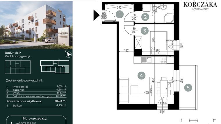 Rzut - Mieszkanie na sprzedaż 2 pokoje o powierzchni 38,02 m² - numer P.IV.02 w Korczaka Apartamenty